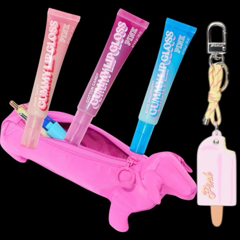 PINK DOG CASE, GUMMY LIP GLOSES & POPSICLE KEYCHAIN 5 piece bundle